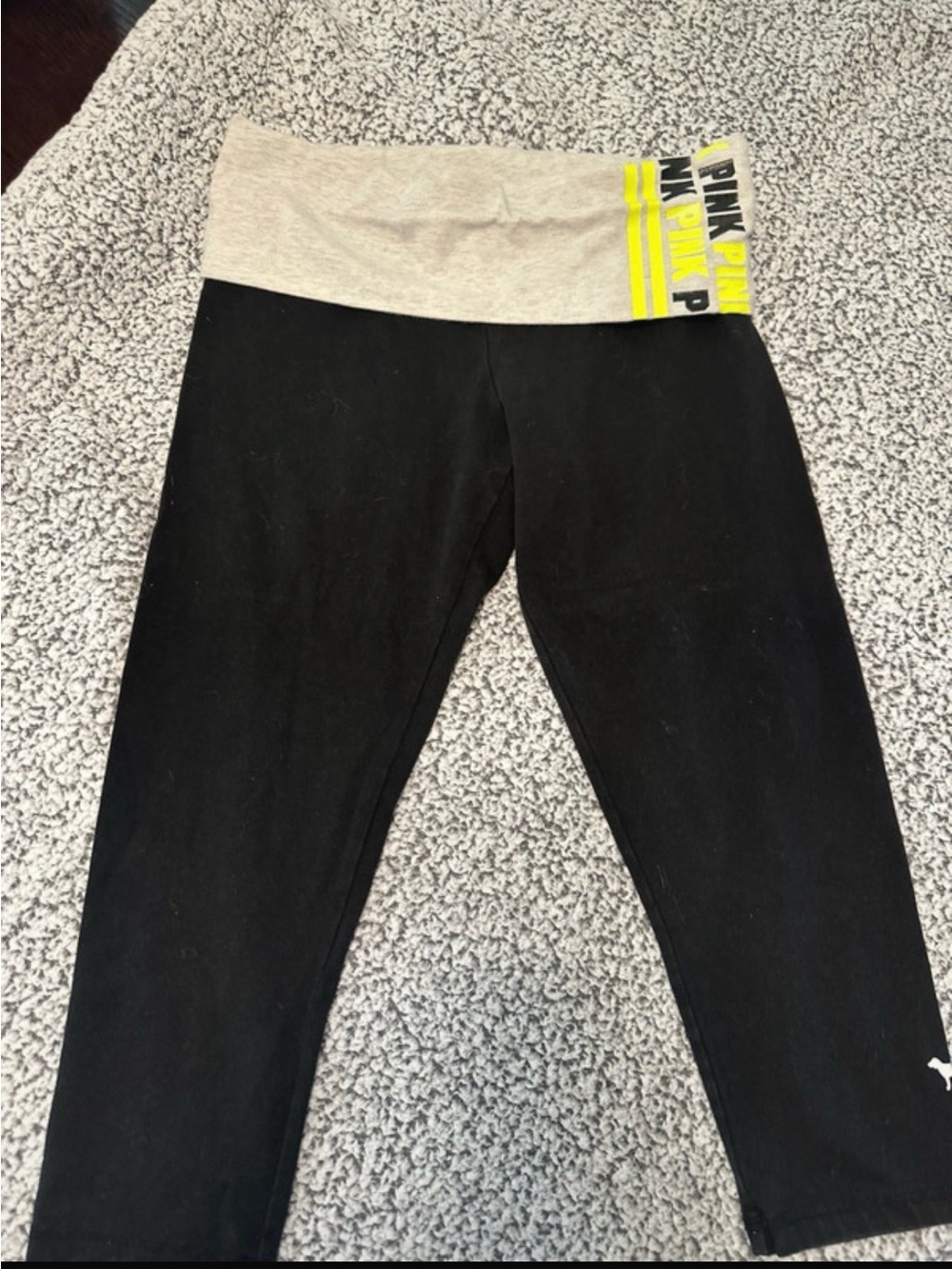 PINK Victoria's Secret Black Leggings with Cream Waistband and Yellow Accent